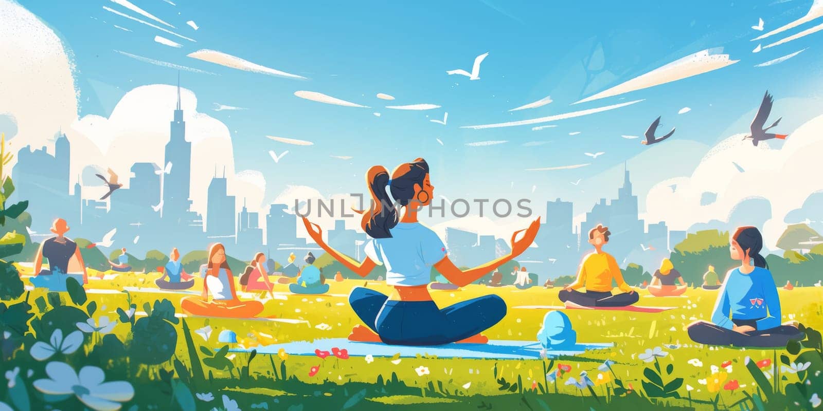 Group of adults attending a yoga class outside in park with natural background.