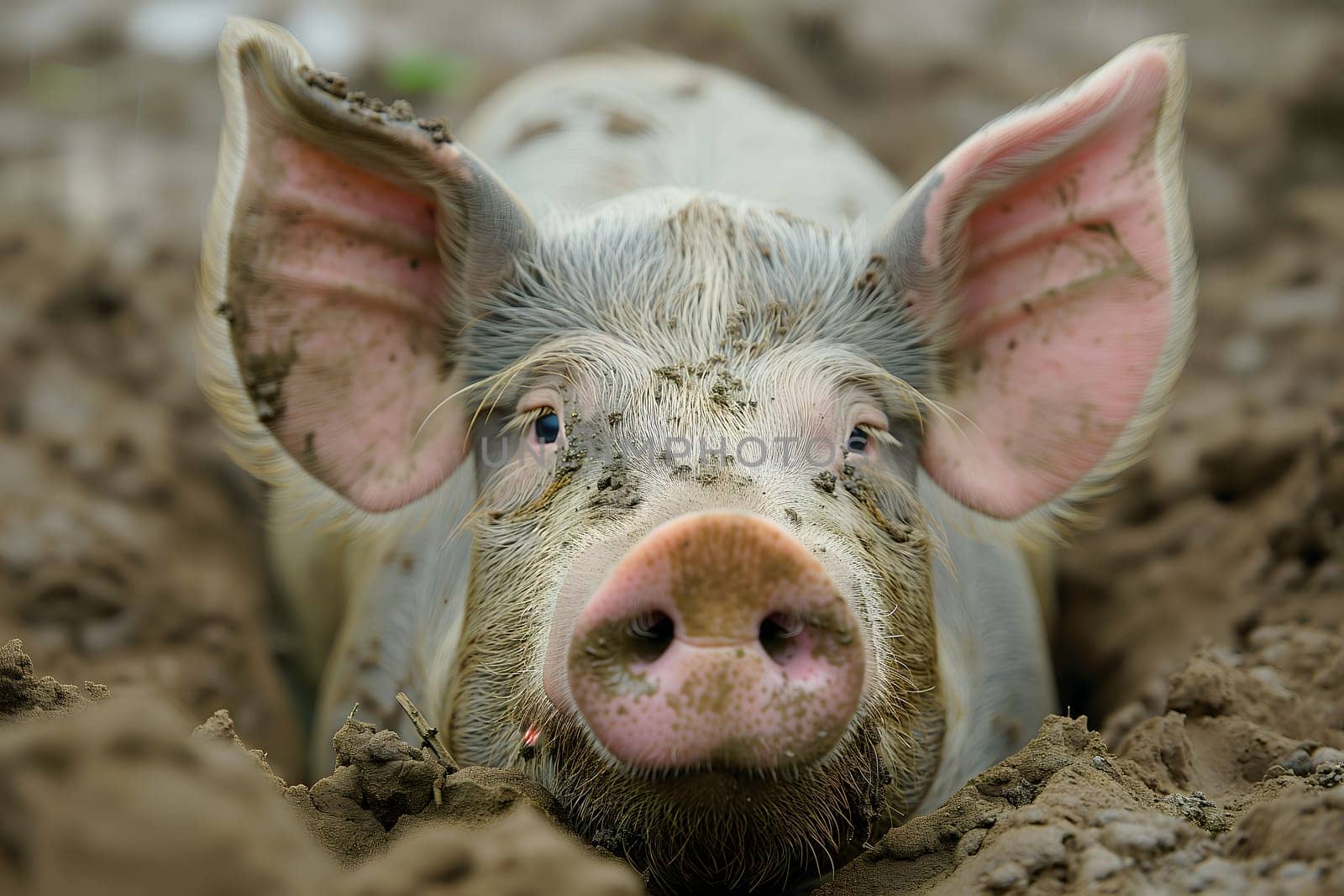 Young pig laying in a dirt. Neural network generated image. Not based on any actual scene or pattern.