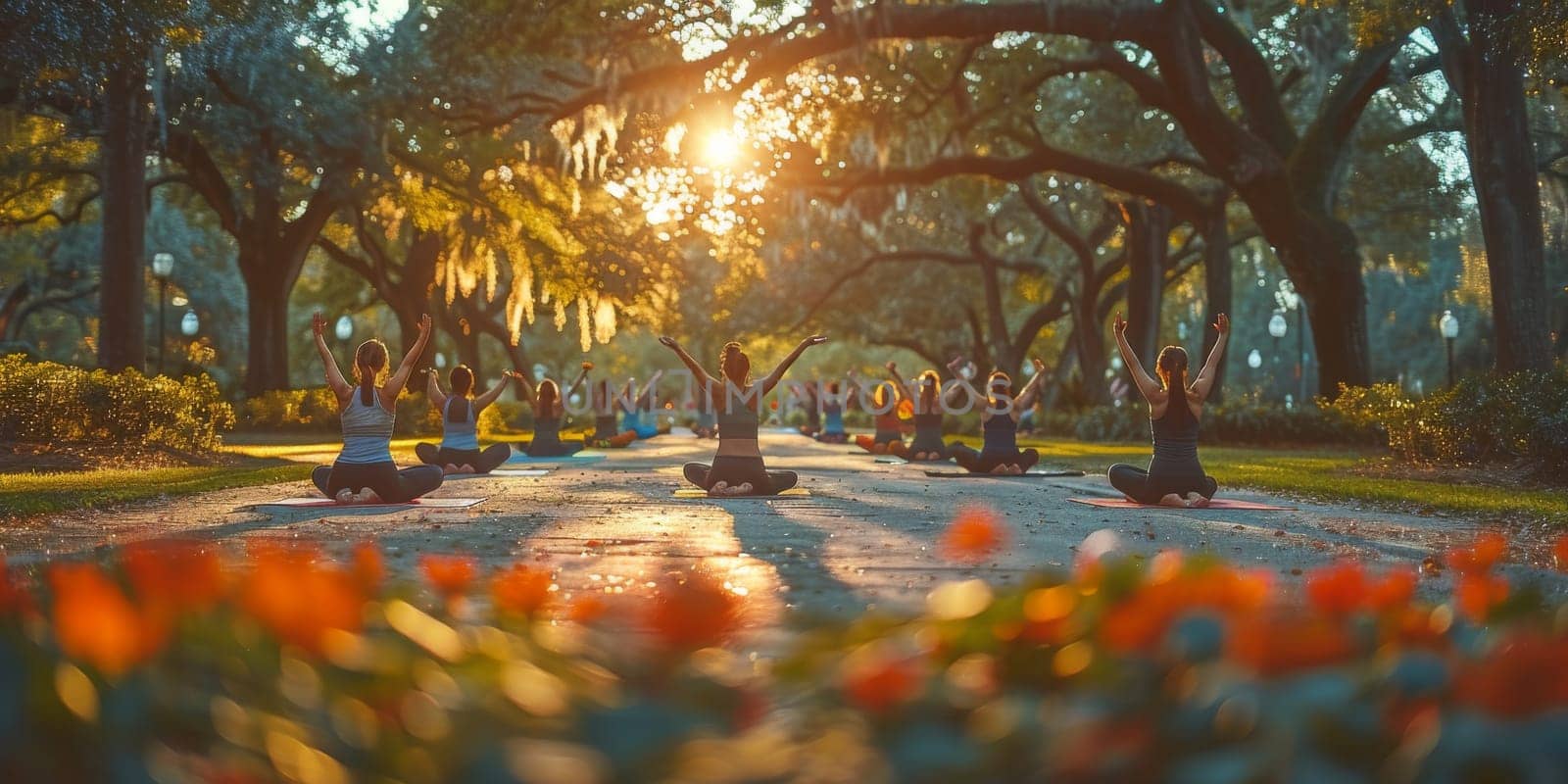 Group of adults attending a yoga class outside in park with natural background by Benzoix