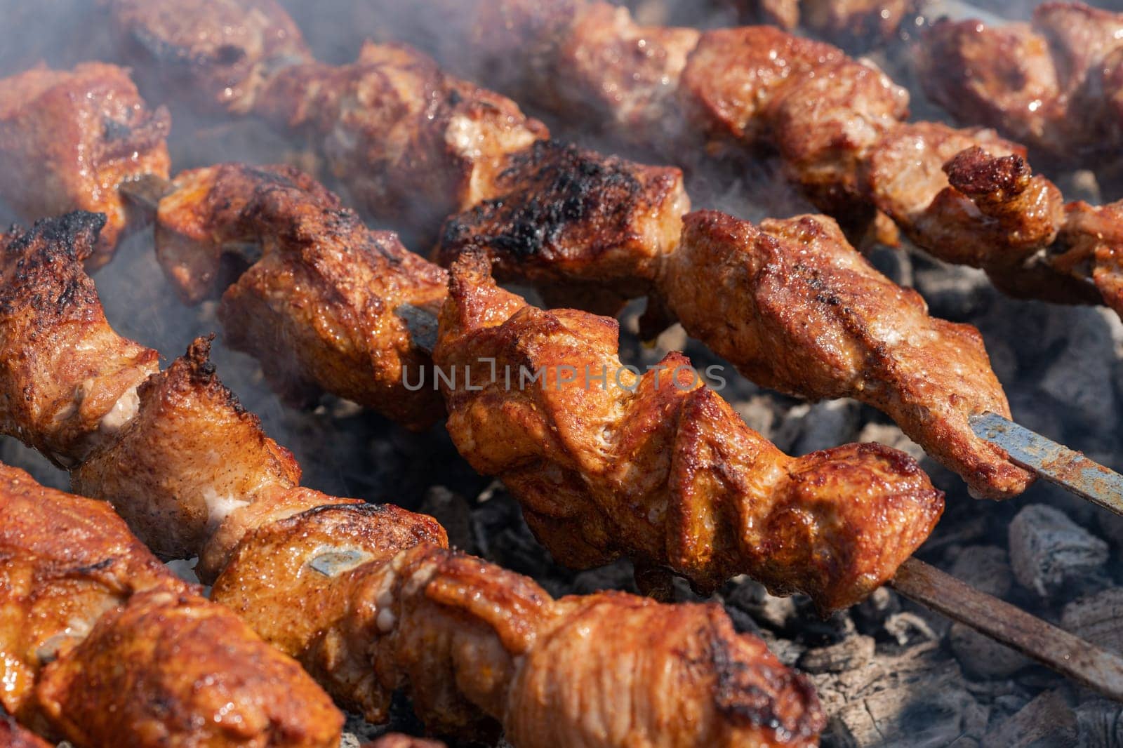Tasty juicy pork barbecue cooking on metal skewers on charcoal outdoors grill with fragrant fire smoke. Cooking during summer picnic. Close-up view, selective focus on pieces of delicious roast meat.