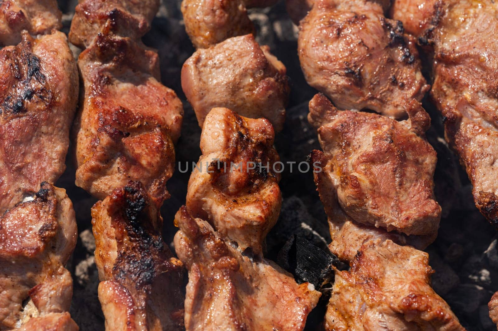 Tasty juicy pork barbecue cooking on metal skewers on charcoal outdoors grill with fragrant fire smoke. Close-up view, cooking during summer picnic. Selective focus on pieces of delicious roast meat.
