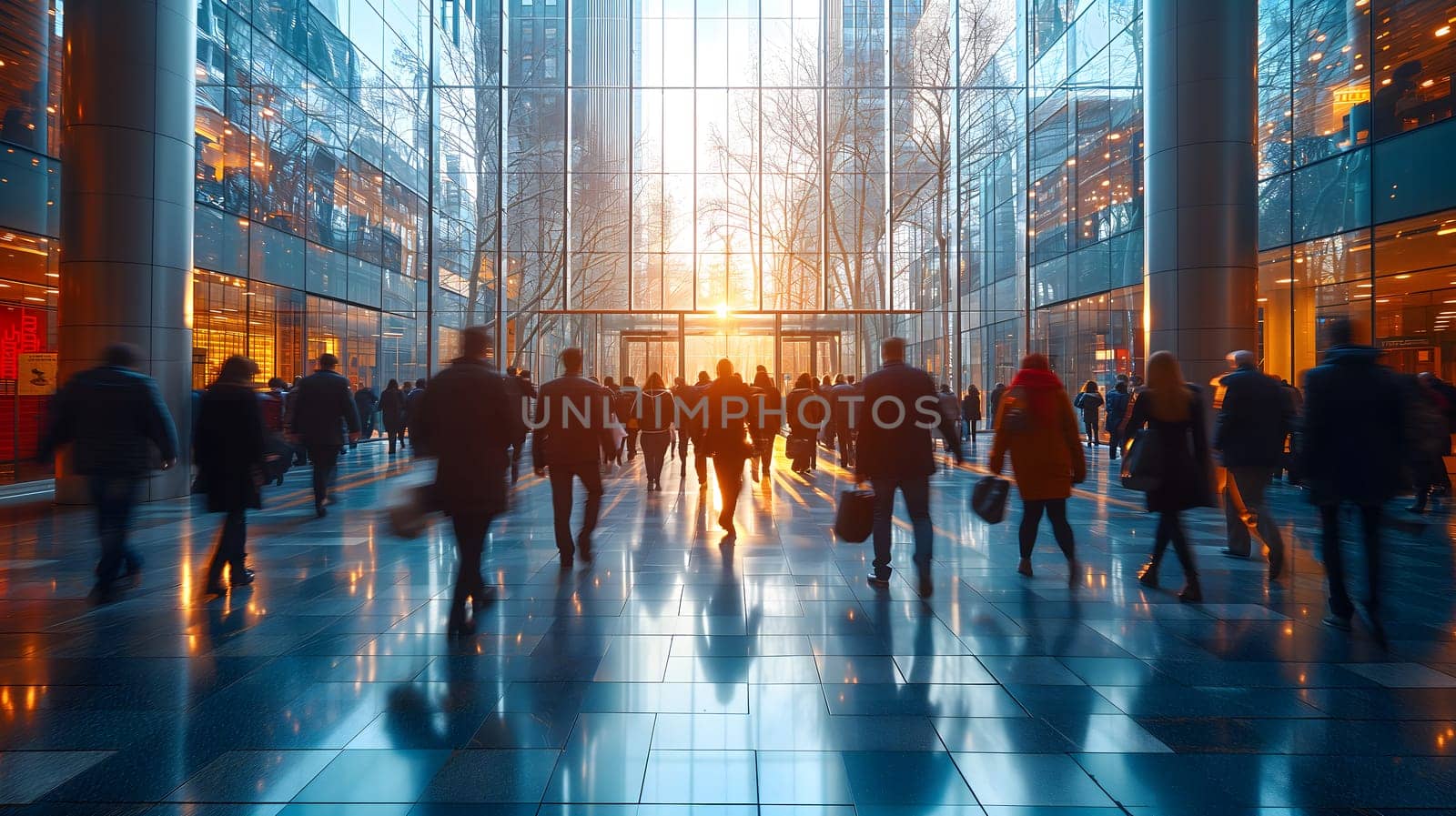 Many business people walking in bright office lobby fast moving with blurry. Neural network generated image. Not based on any actual scene or pattern.