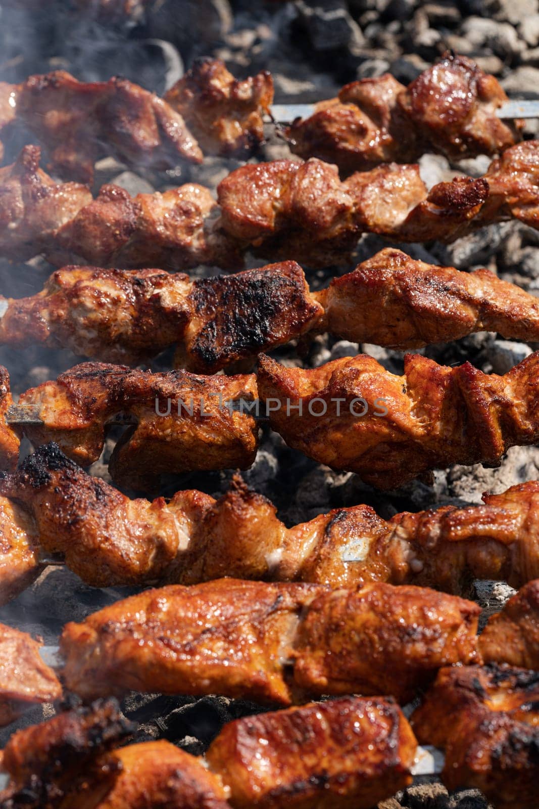 Tasty juicy pork barbecue cooking on metal skewers on outdoors charcoal grill with fragrant fire smoke. Close-up view, cooking during summer picnic. Selective focus on pieces of delicious roast meat.