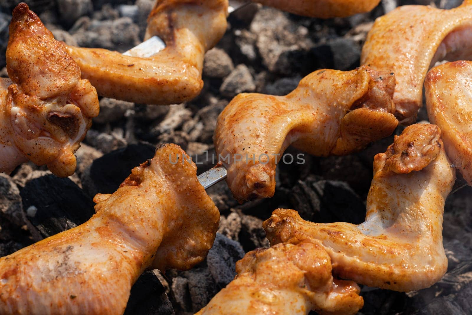 Appetizing juicy chicken barbecue on skewers on charcoal grill with fire smoke by Alexander-Piragis