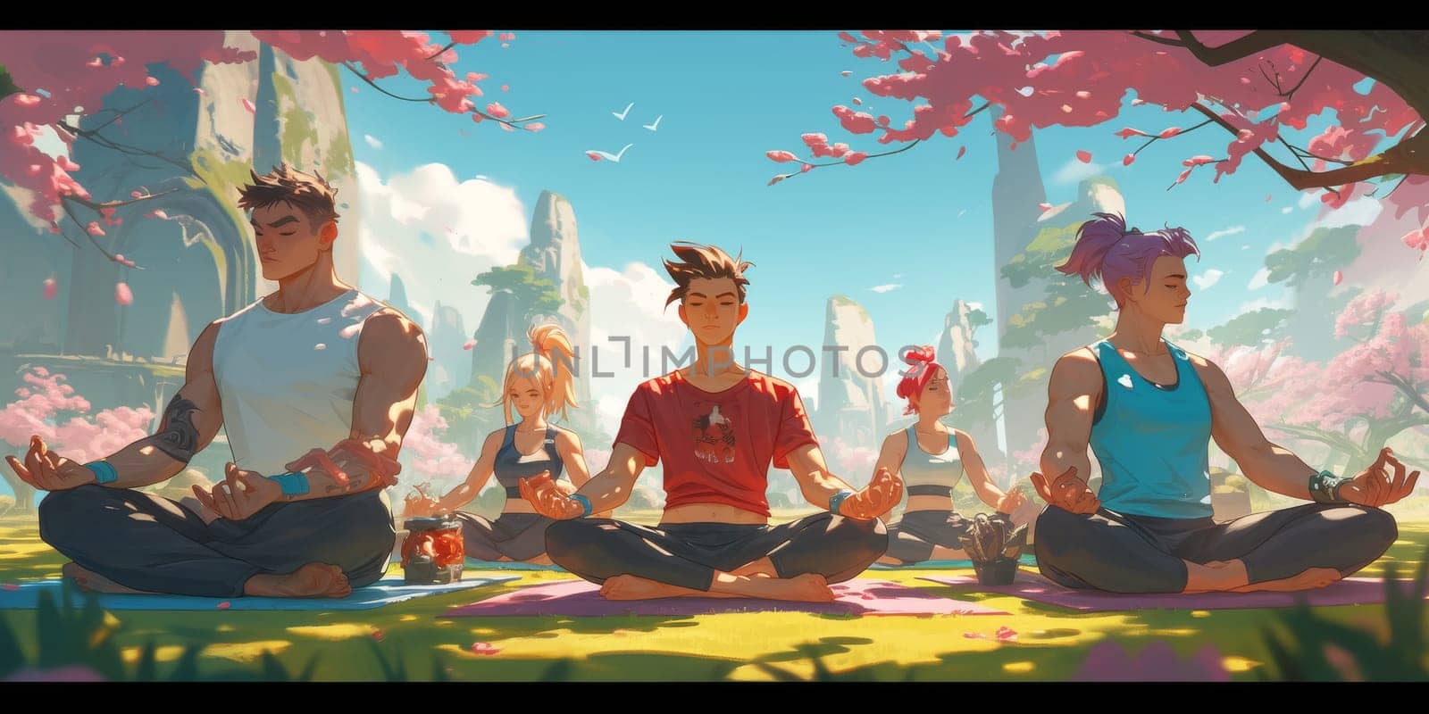 Group of adults attending a yoga class outside in park with natural background by Benzoix