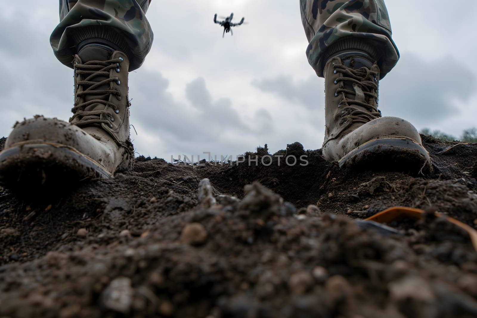 Soldier legs standing on the dirt and drone in the sky above. Neural network generated image. Not based on any actual scene or pattern.