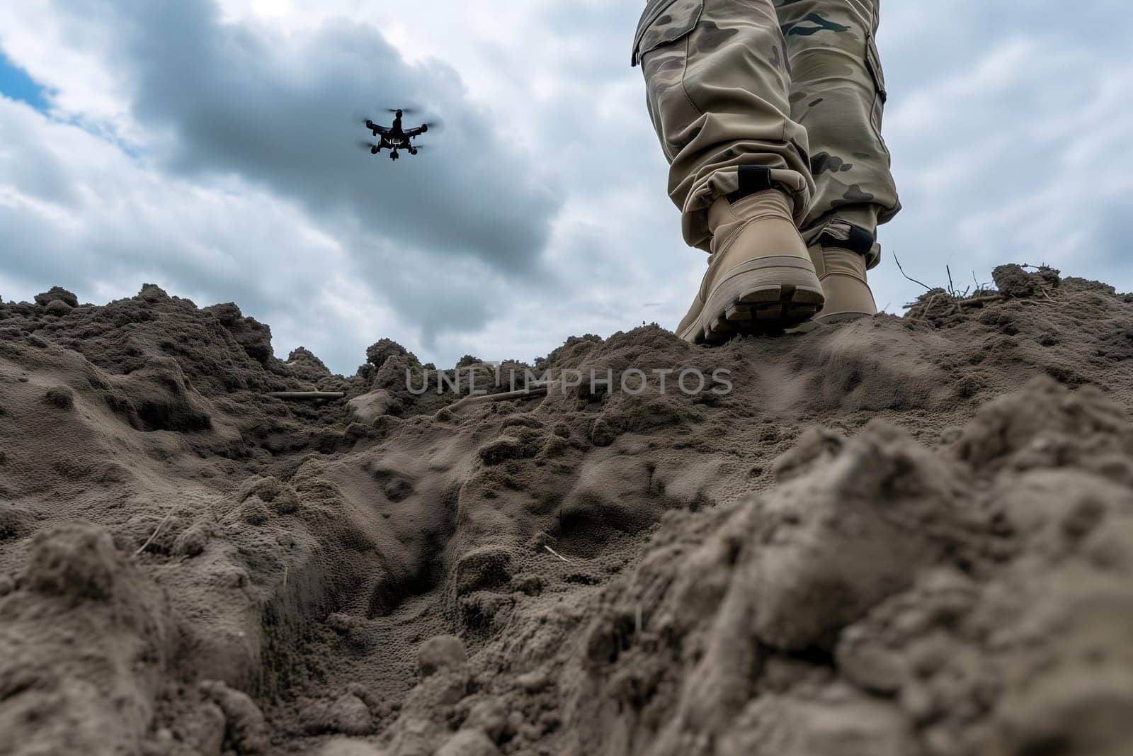 Soldier legs standing on the dirt and drone in the sky above. Neural network generated image. Not based on any actual scene or pattern.