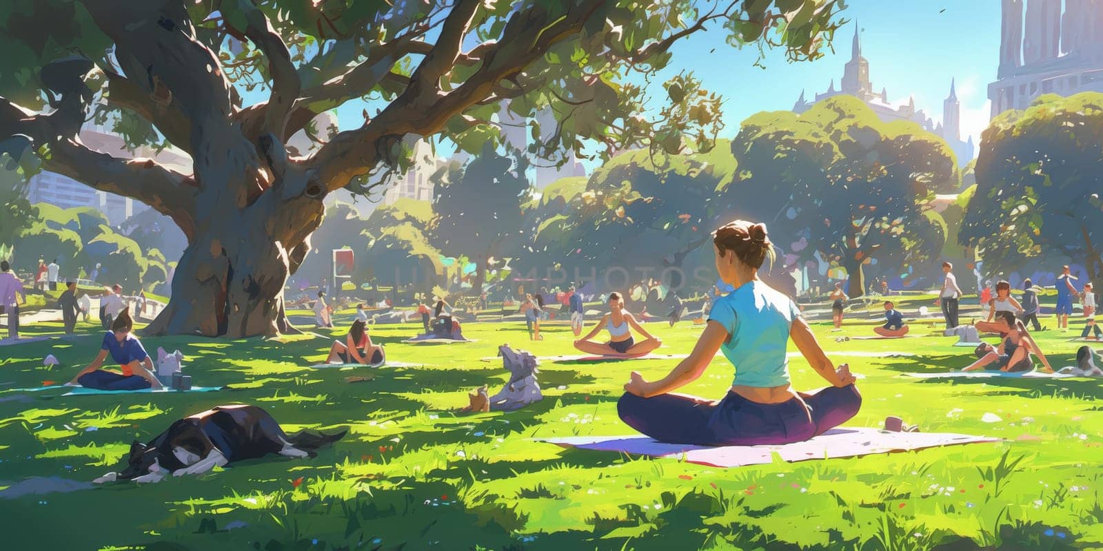 Group of adults attending a yoga class outside in park with natural background.