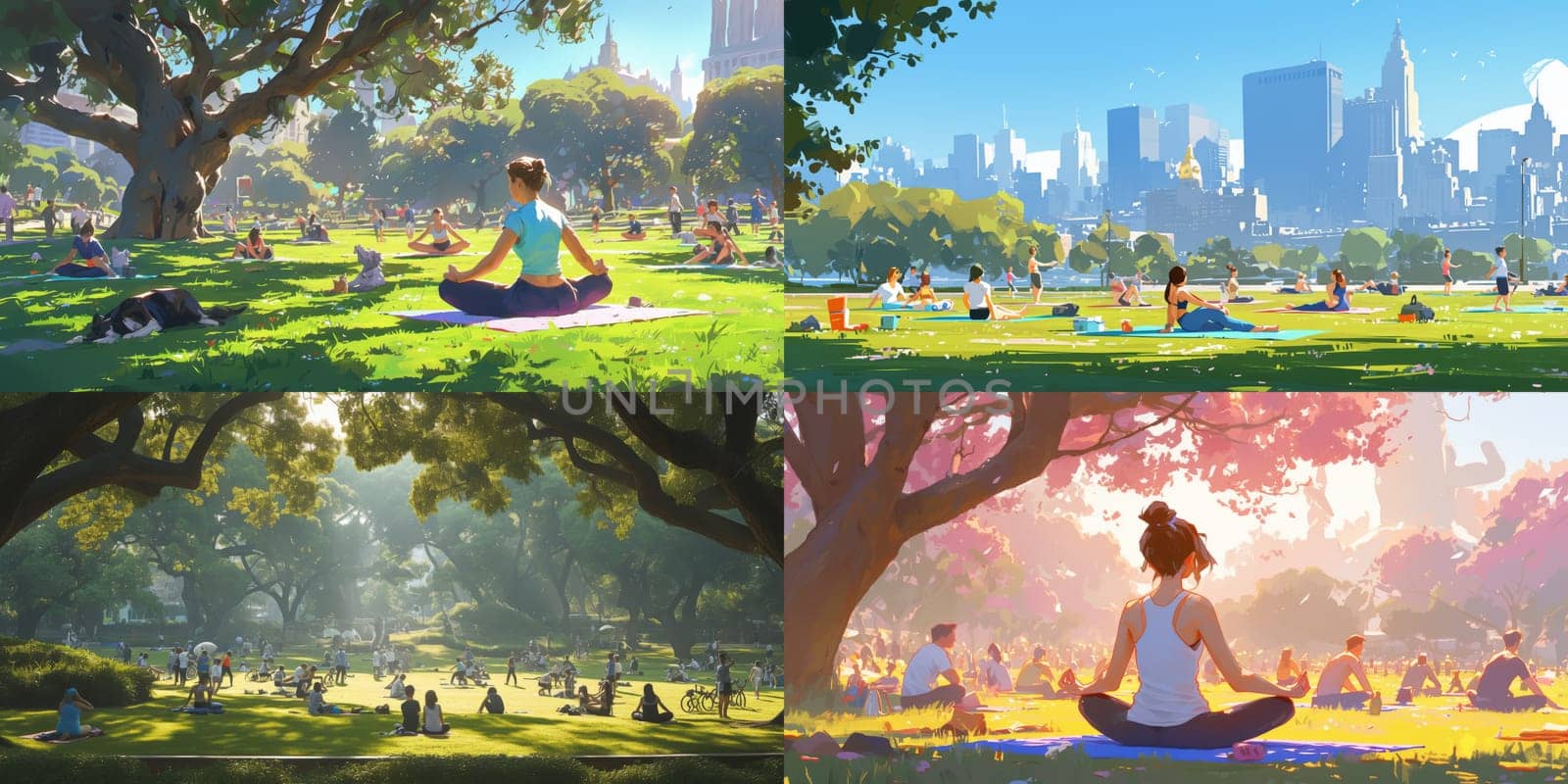 Group of adults attending a yoga class outside in park with natural background.