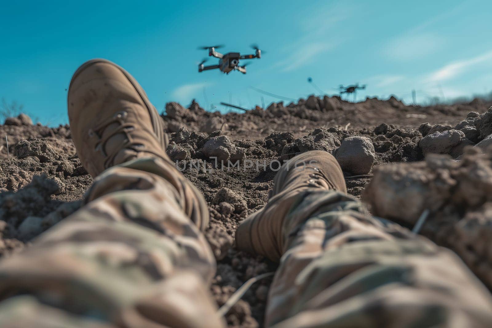 Fallen soldier legs laying on the dirt with flying drone in the sky above. Neural network generated image. Not based on any actual scene or pattern.