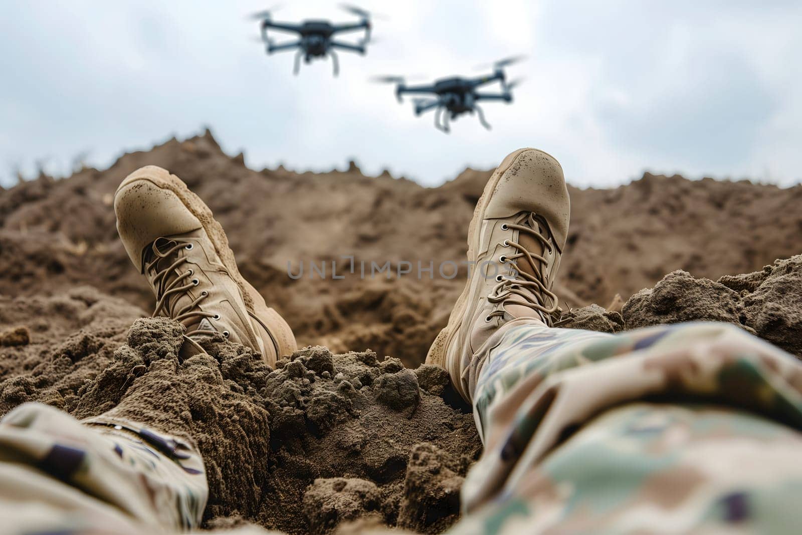 Fallen soldier legs laying on the dirt with flying drones in the sky above. Neural network generated image. Not based on any actual scene or pattern.