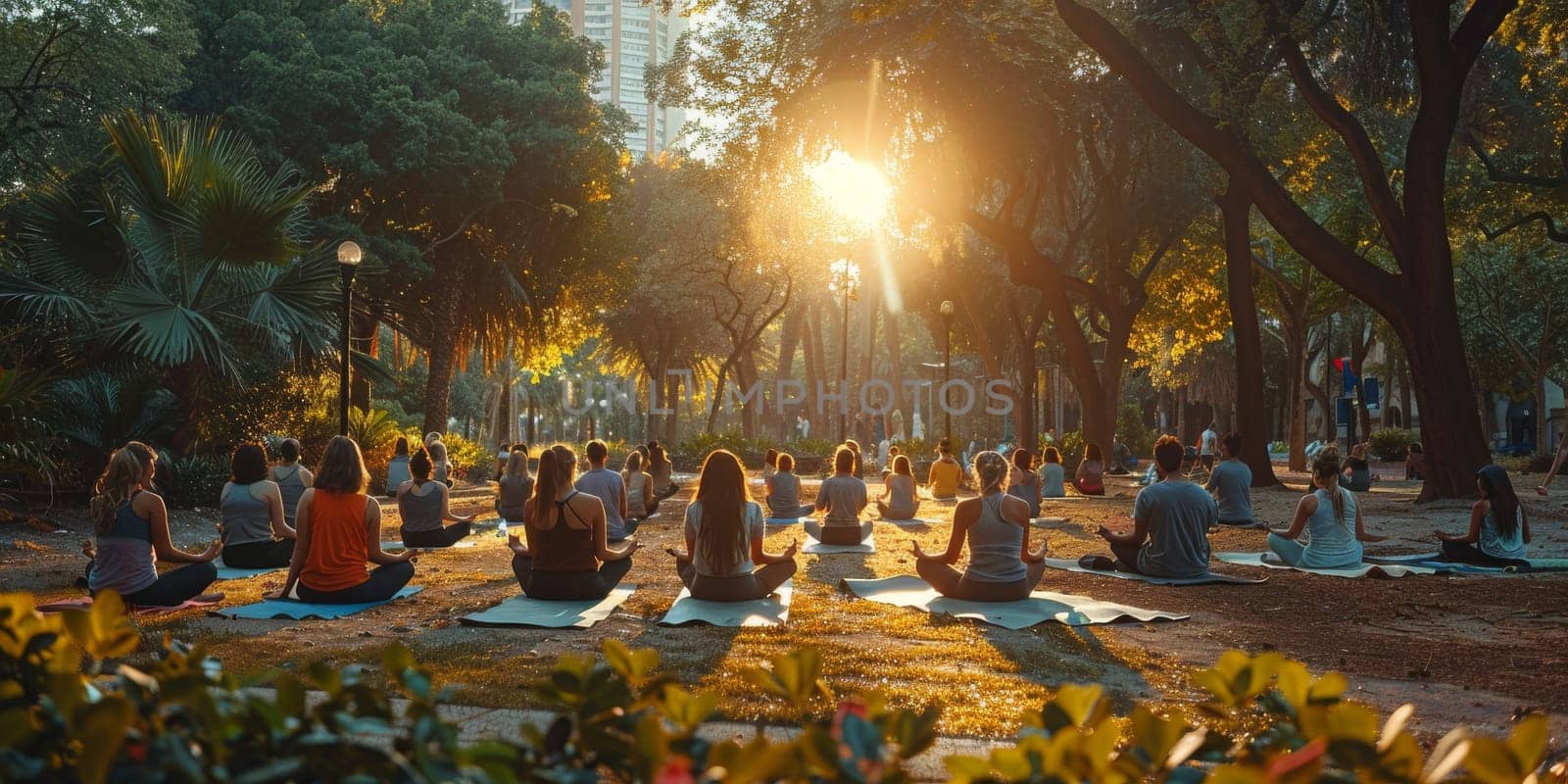 Group of adults attending a yoga class outside in park with natural background.