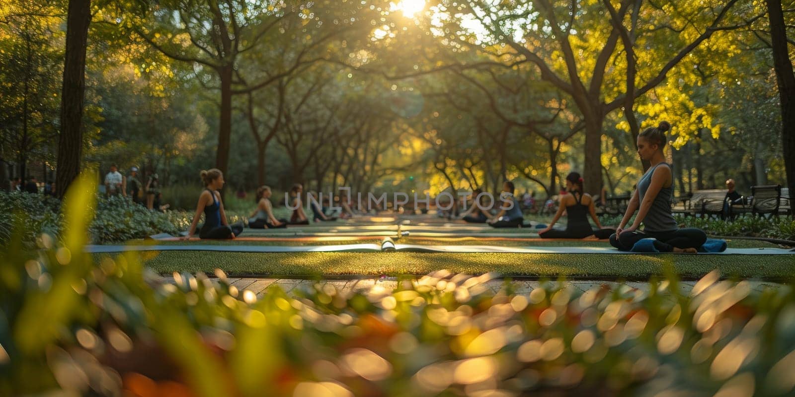 Group of adults attending a yoga class outside in park with natural background by Benzoix