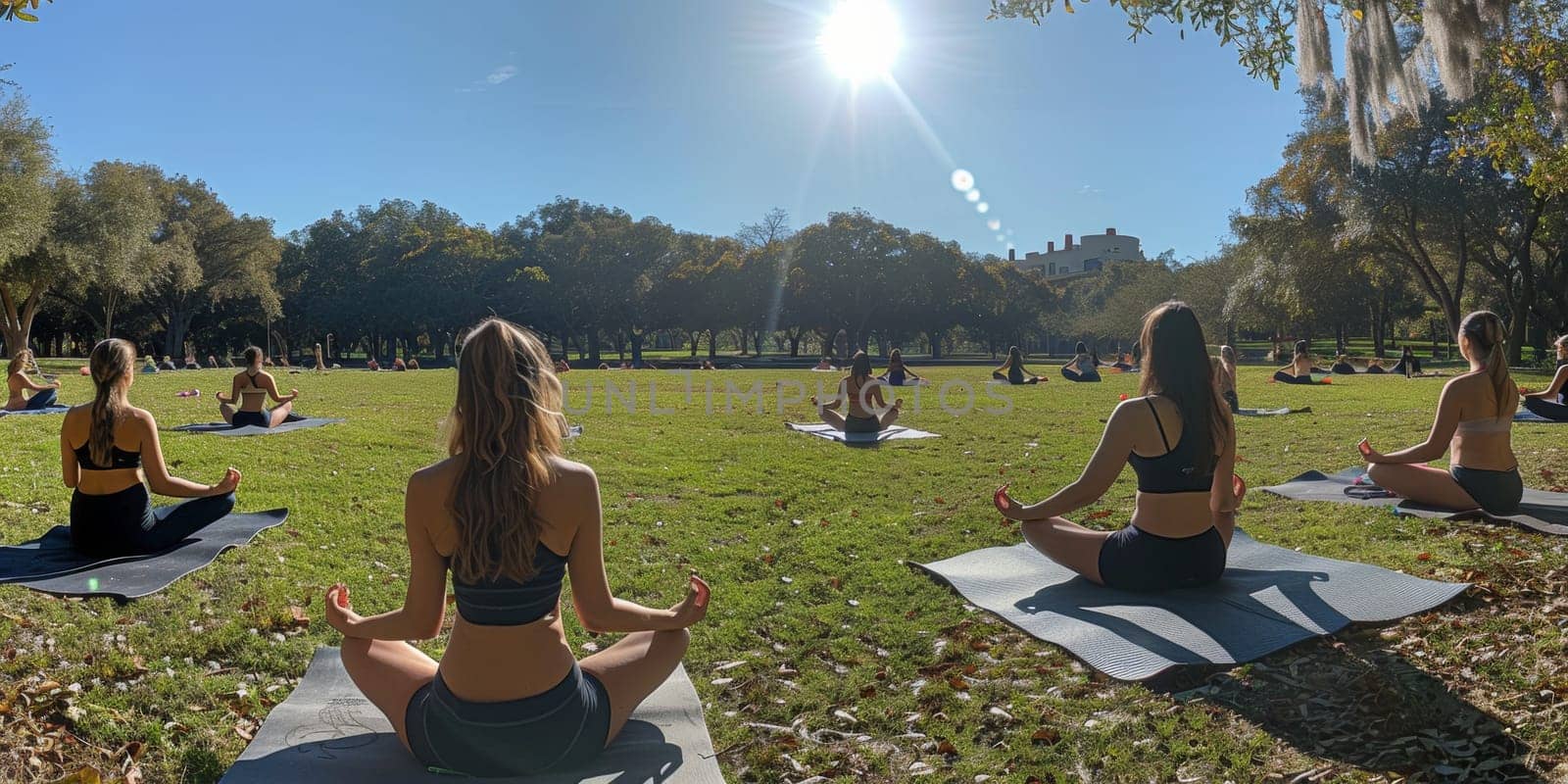 Group of adults attending a yoga class outside in park with natural background.