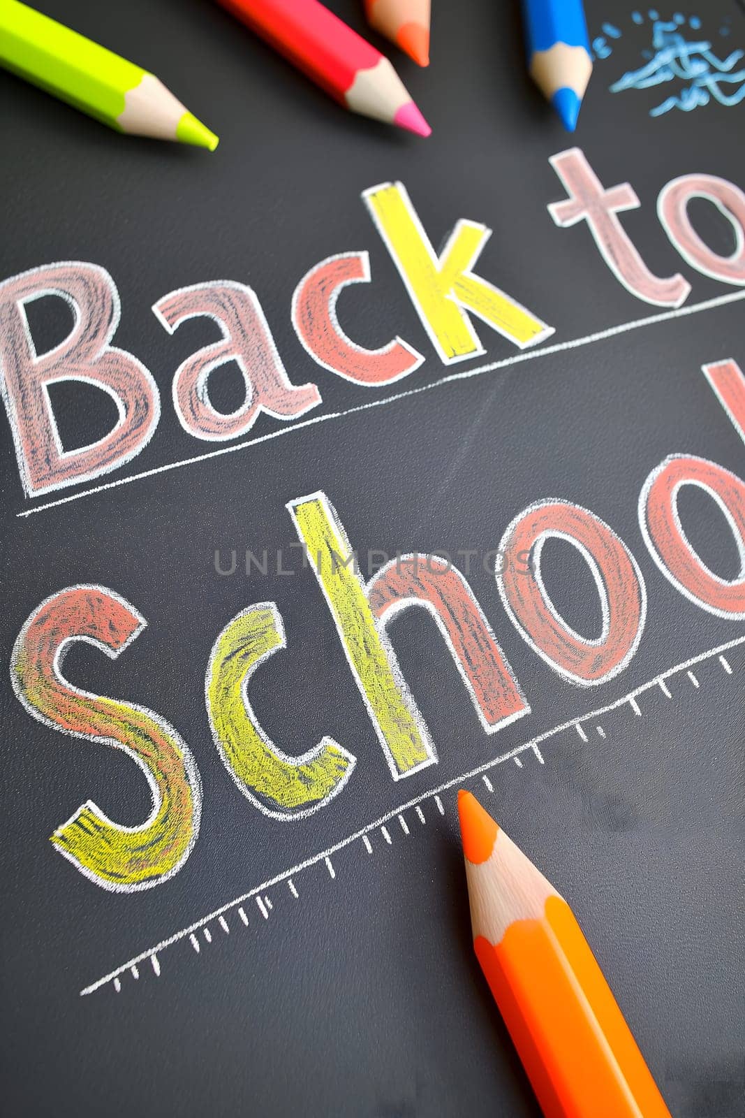 Naive children's drawing with colored chalk on black background, made by hand by a child, text Back to School by z1b