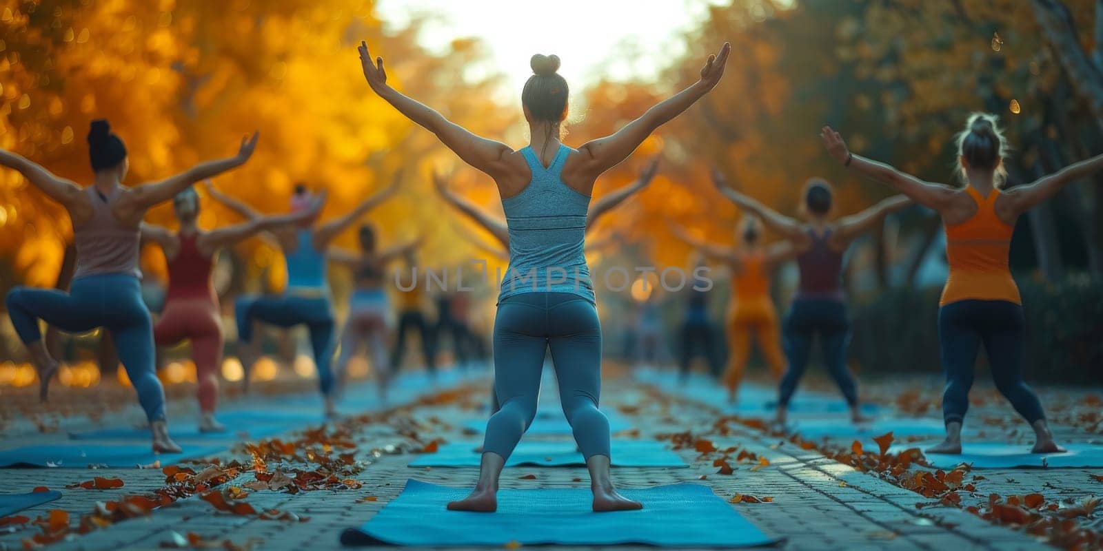 Group of adults attending a yoga class outside in park with natural background.