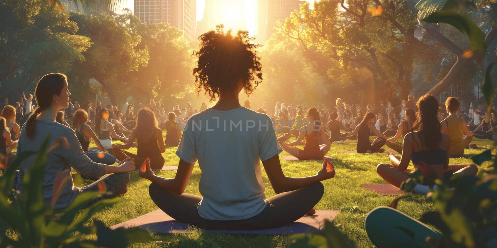 Group of adults attending a yoga class outside in park with natural background by Benzoix