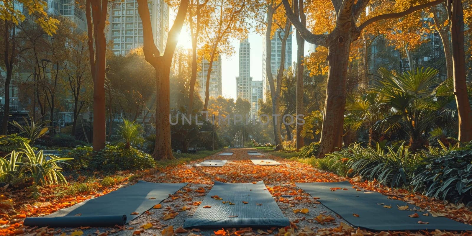 Group of adults attending a yoga class outside in park with natural background by Benzoix