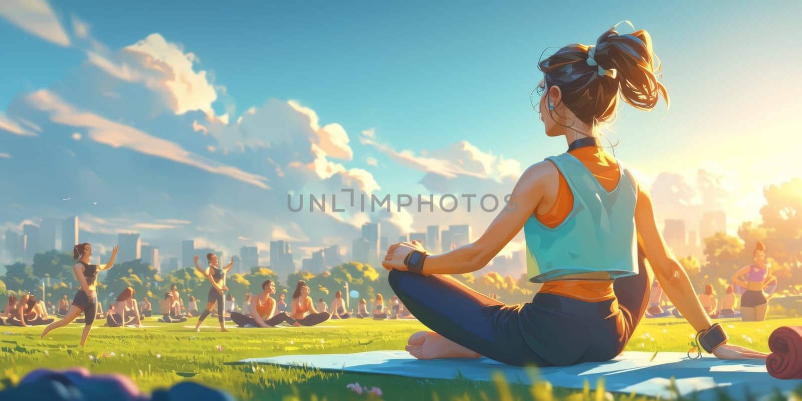 Group of adults attending a yoga class outside in park with natural background by Benzoix