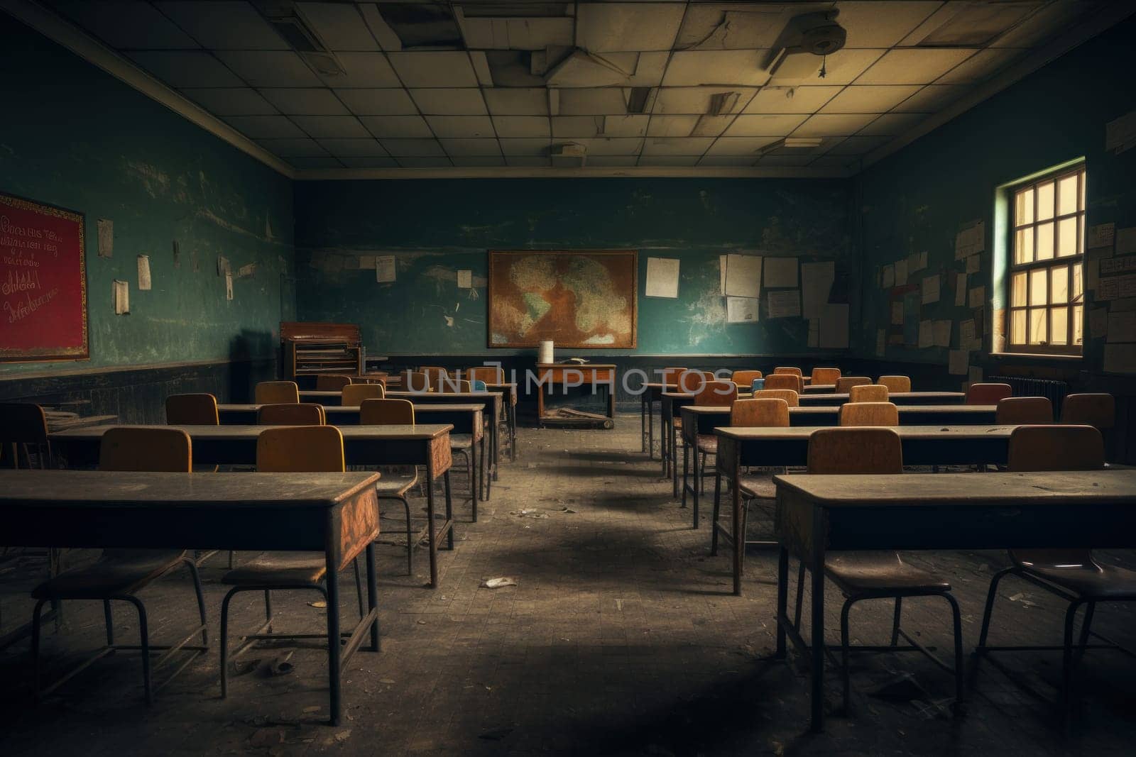 New Empty classroom. Desk table school. Generate Ai