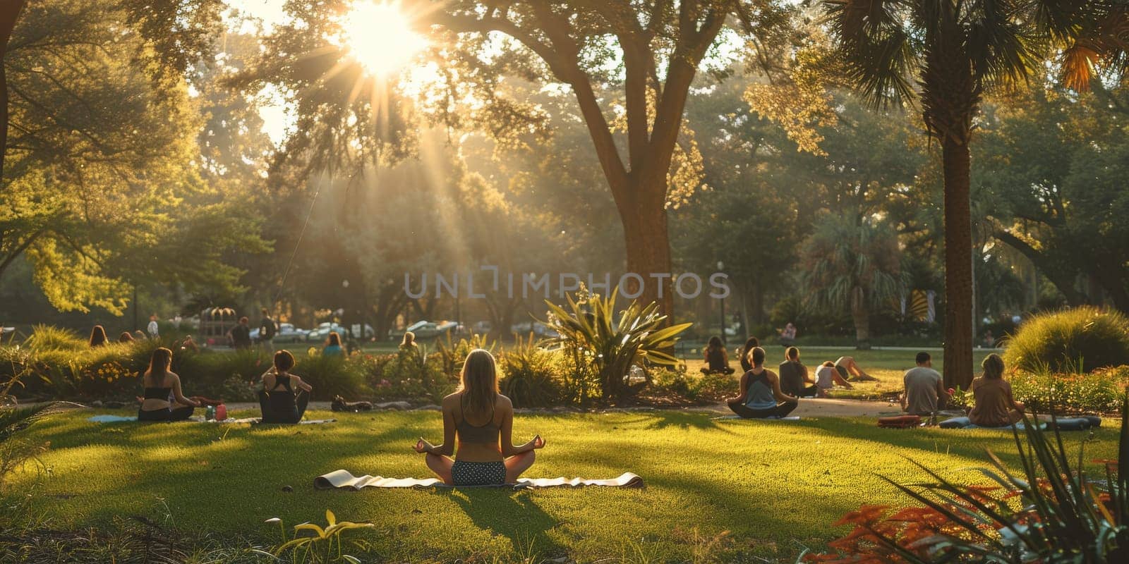 Group of adults attending a yoga class outside in park with natural background.