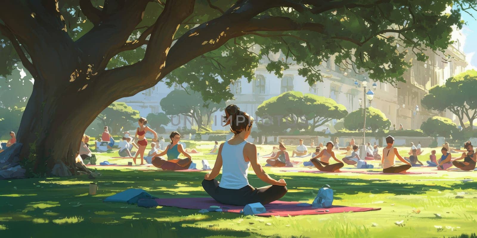 Group of adults attending a yoga class outside in park with natural background.