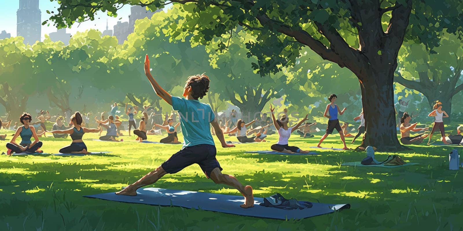 Group of adults attending a yoga class outside in park with natural background by Benzoix