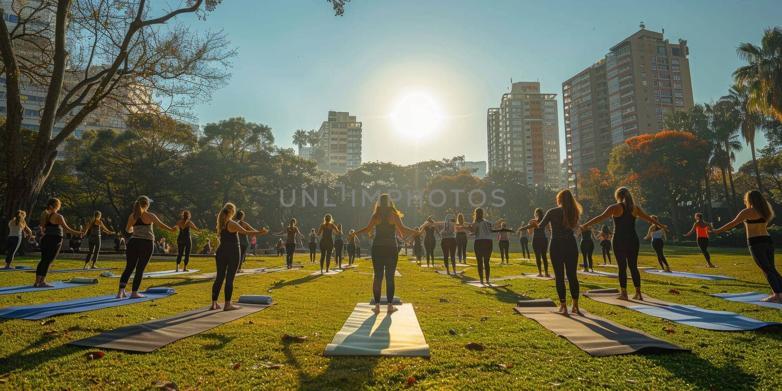 Group of adults attending a yoga class outside in park with natural background.