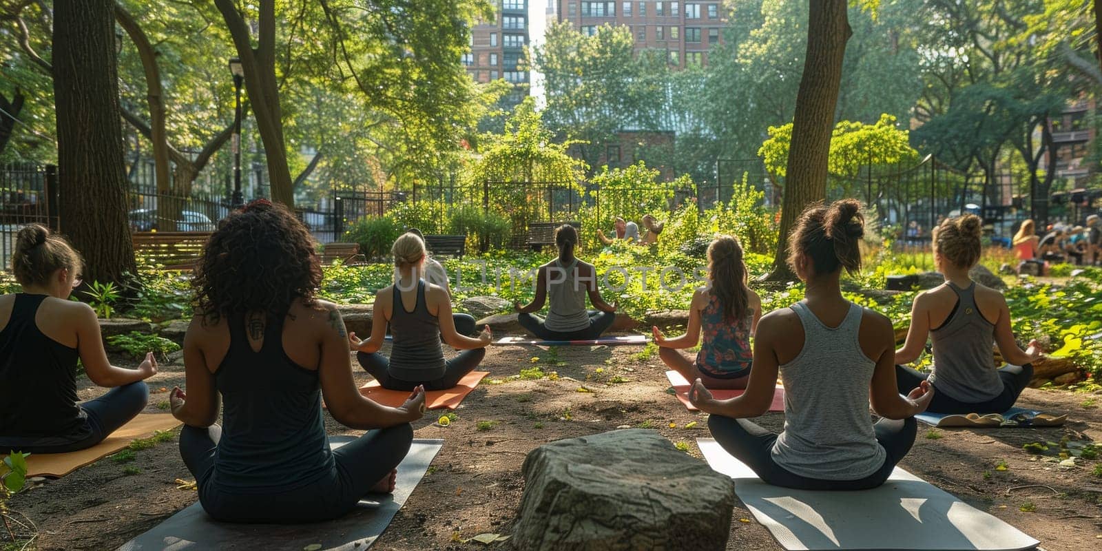 Group of adults attending a yoga class outside in park with natural background by Benzoix