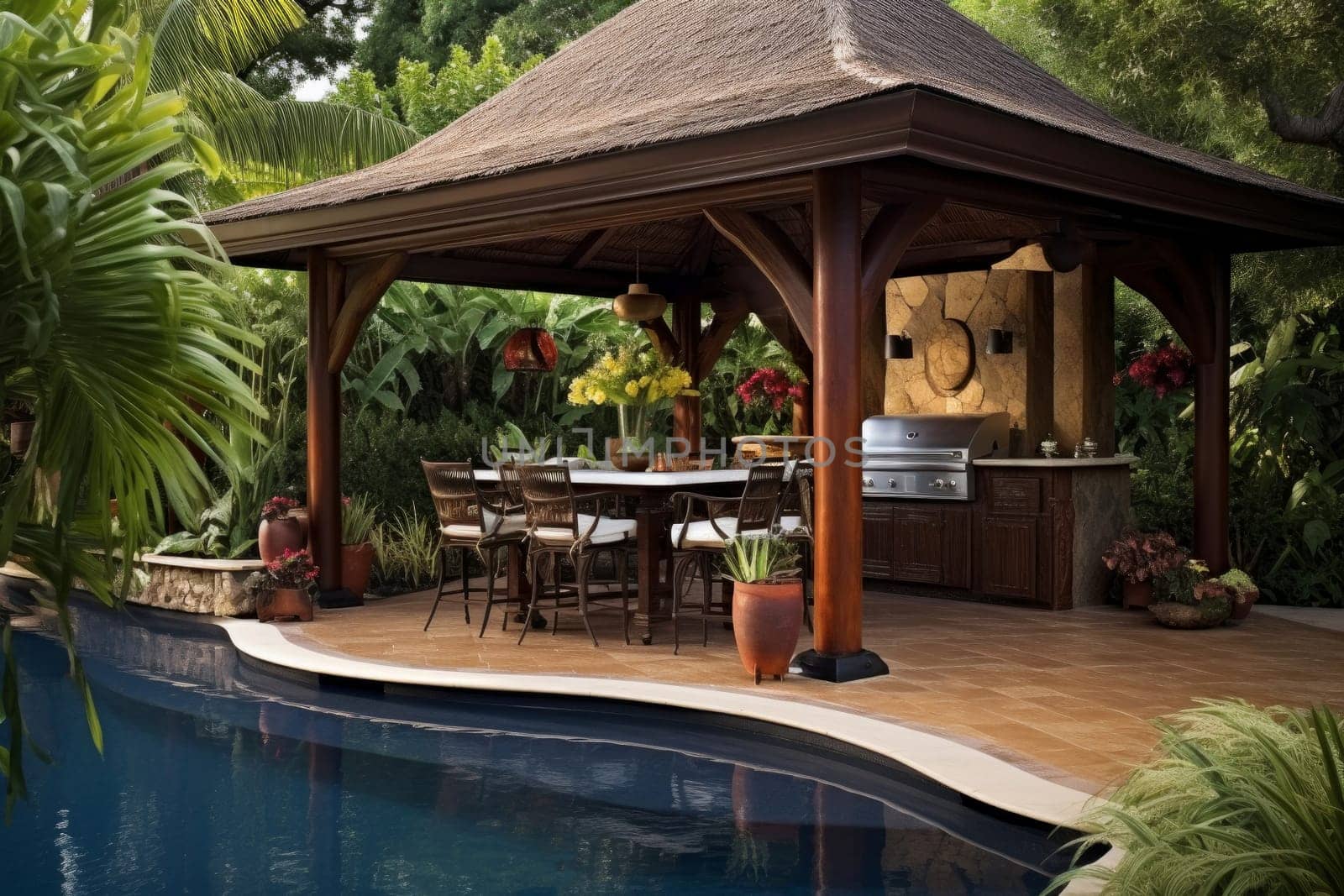 Luxurious Gazebo swimming pool bbq. Home garden. Generate Ai