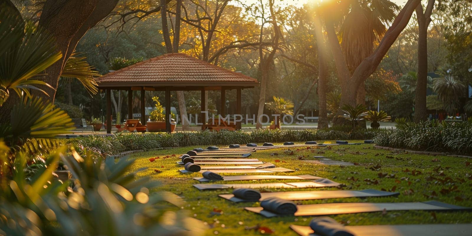 Group of adults attending a yoga class outside in park with natural background by Benzoix