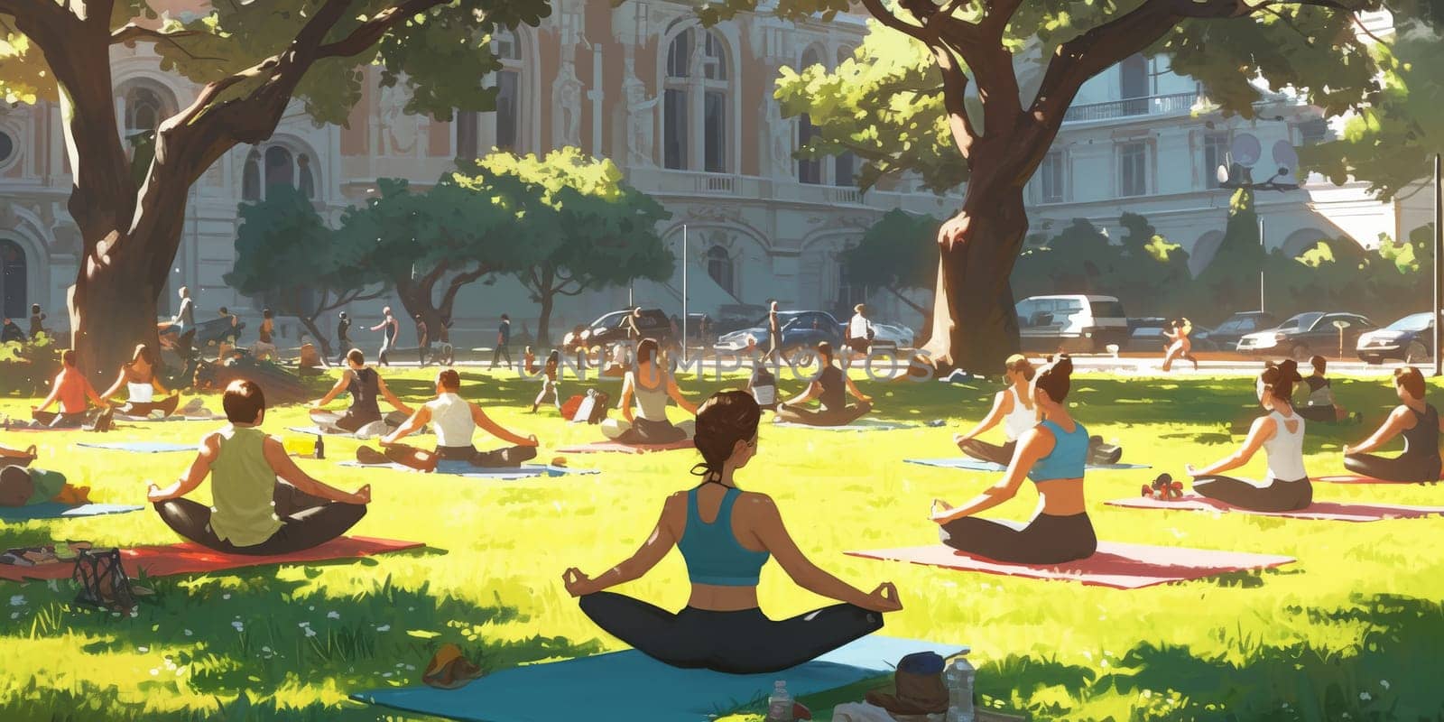 Group of adults attending a yoga class outside in park with natural background.