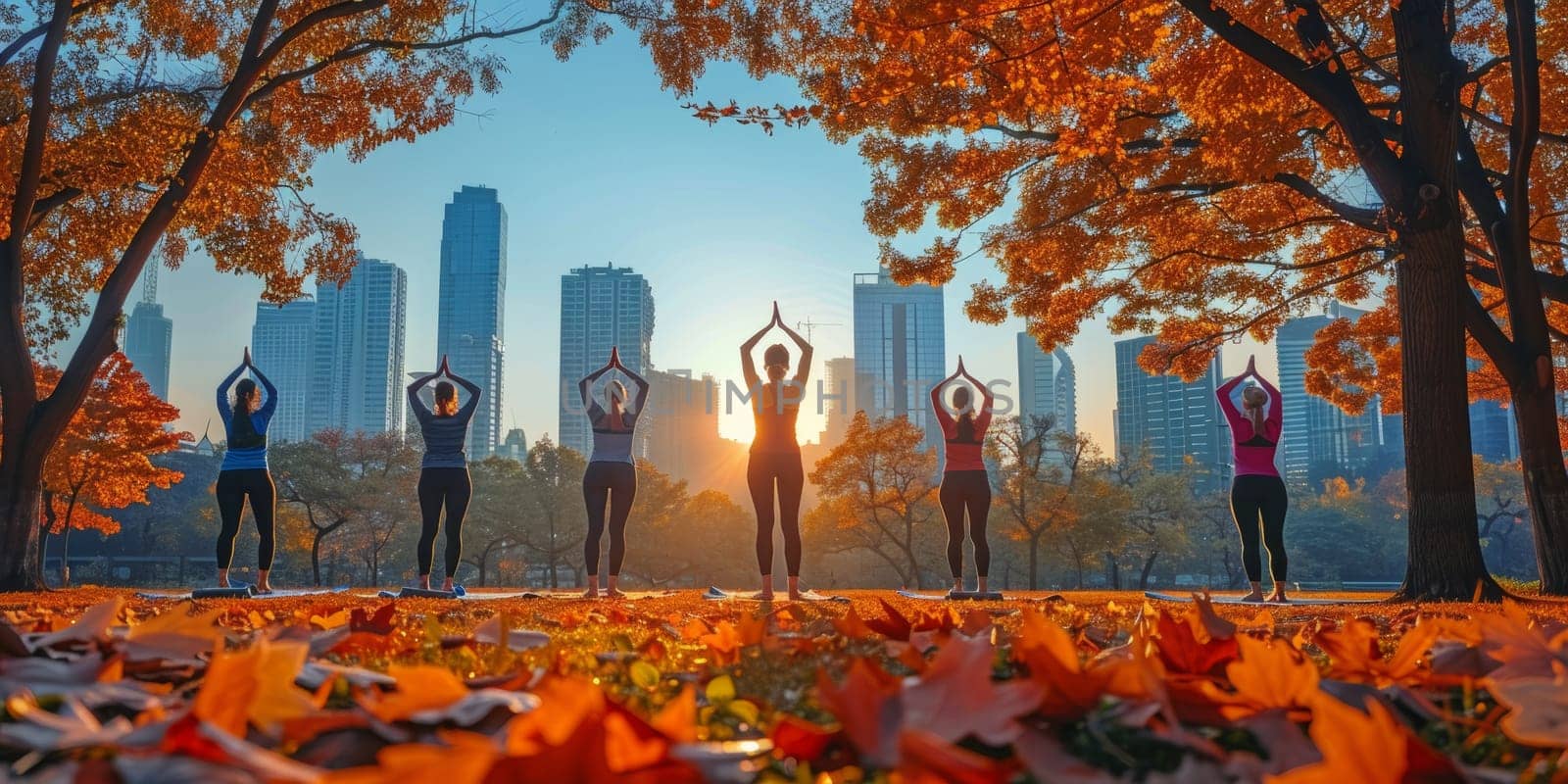 Group of adults attending a yoga class outside in park with natural background.