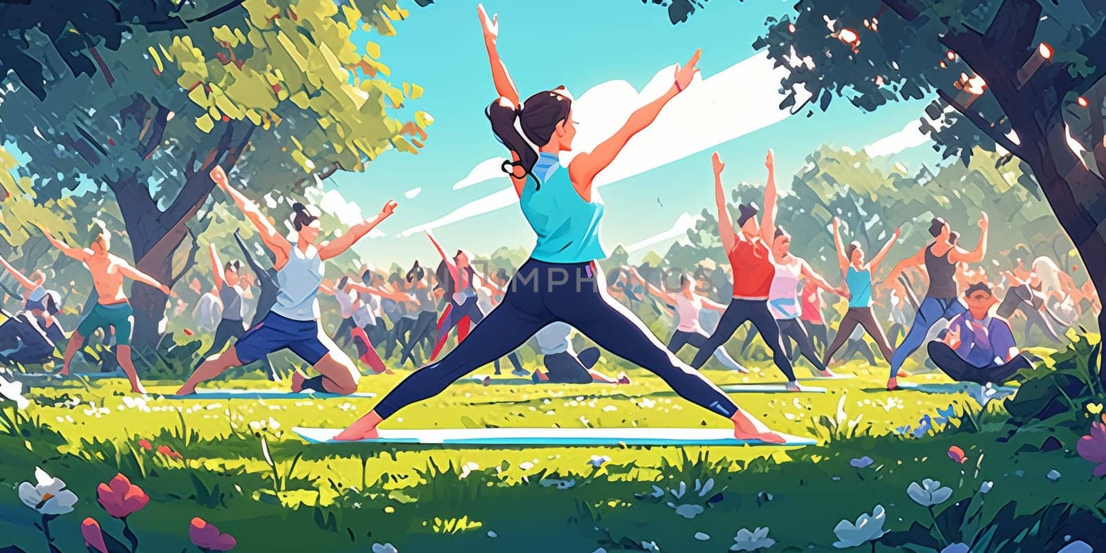 Group of adults attending a yoga class outside in park with natural background.