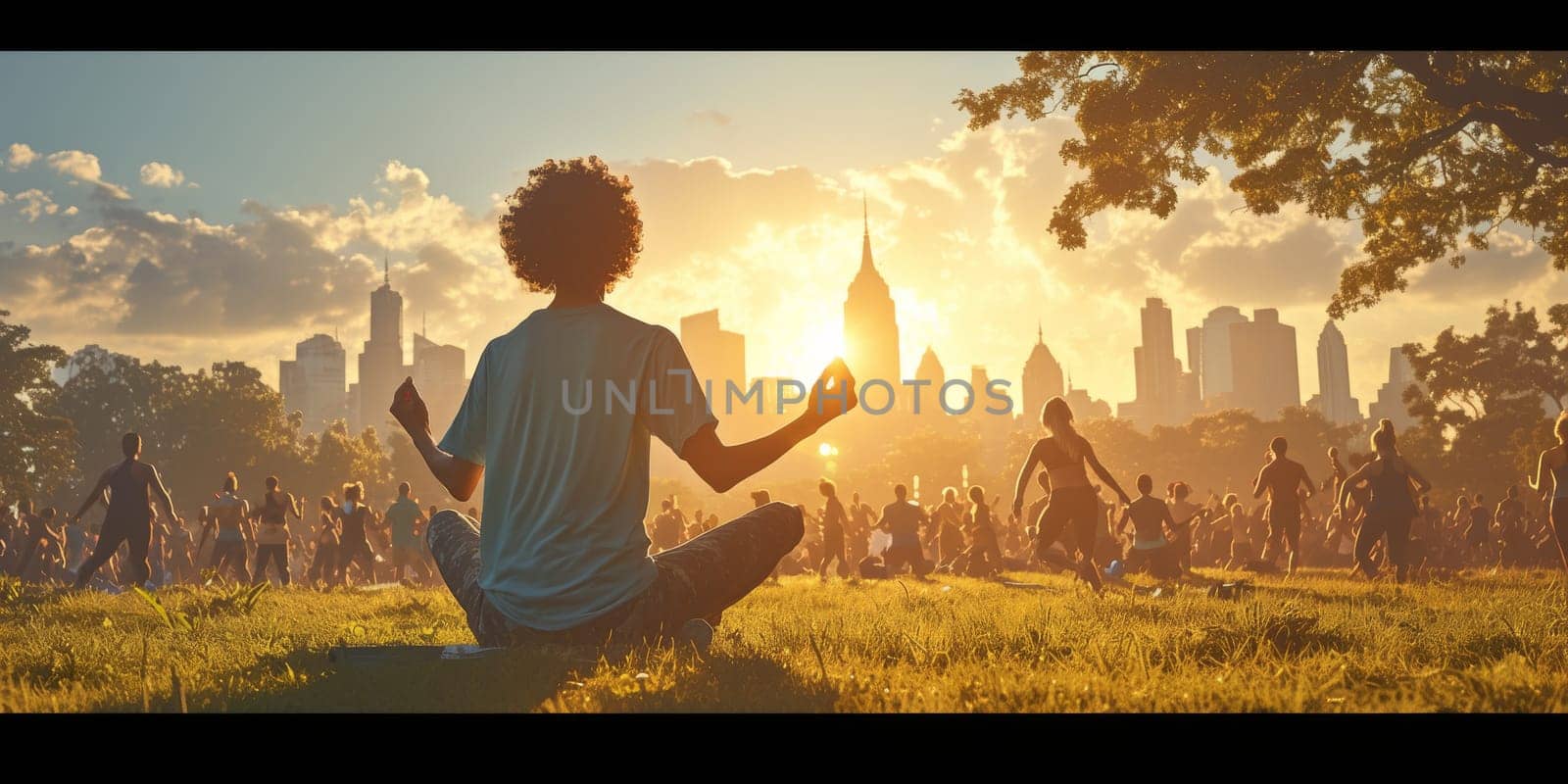 Group of adults attending a yoga class outside in park with natural background.