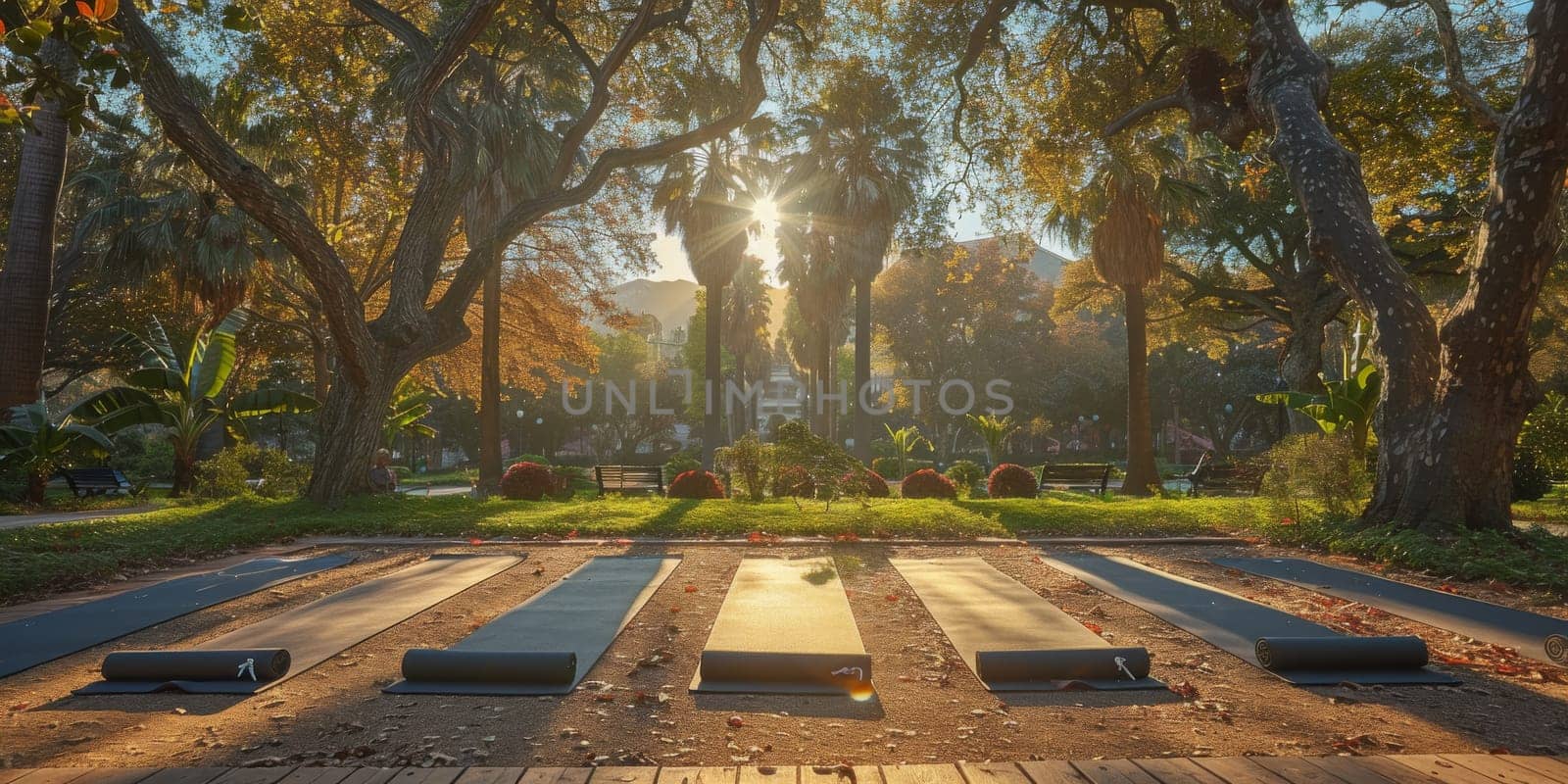 Group of adults attending a yoga class outside in park with natural background.