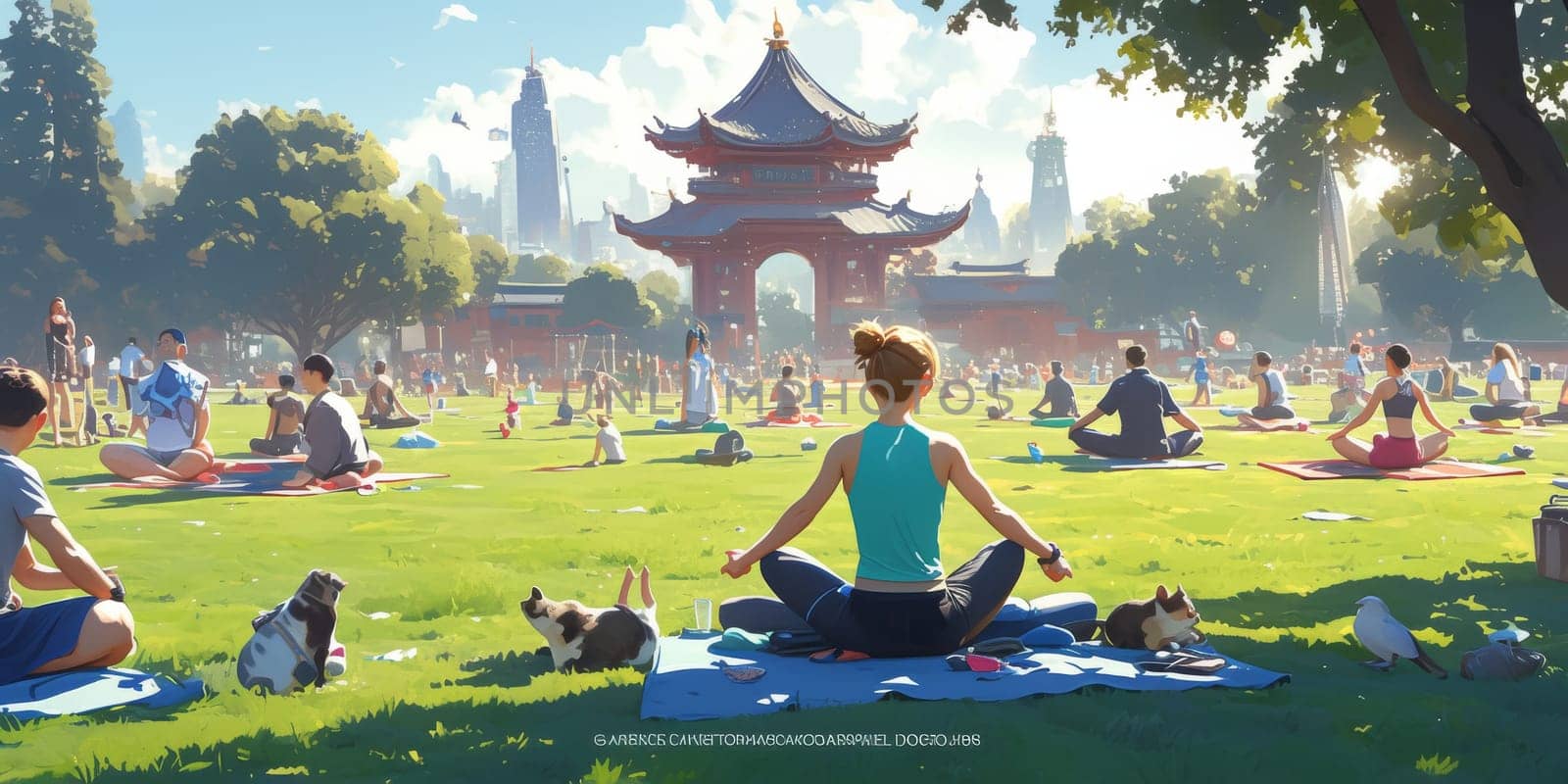 Group of adults attending a yoga class outside in park with natural background.