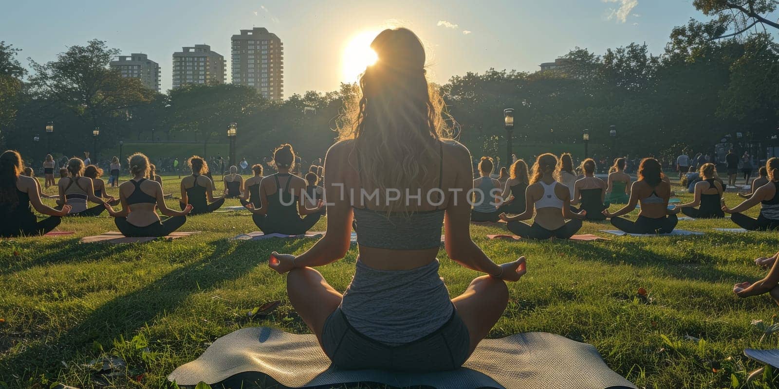 Group of adults attending a yoga class outside in park with natural background by Benzoix