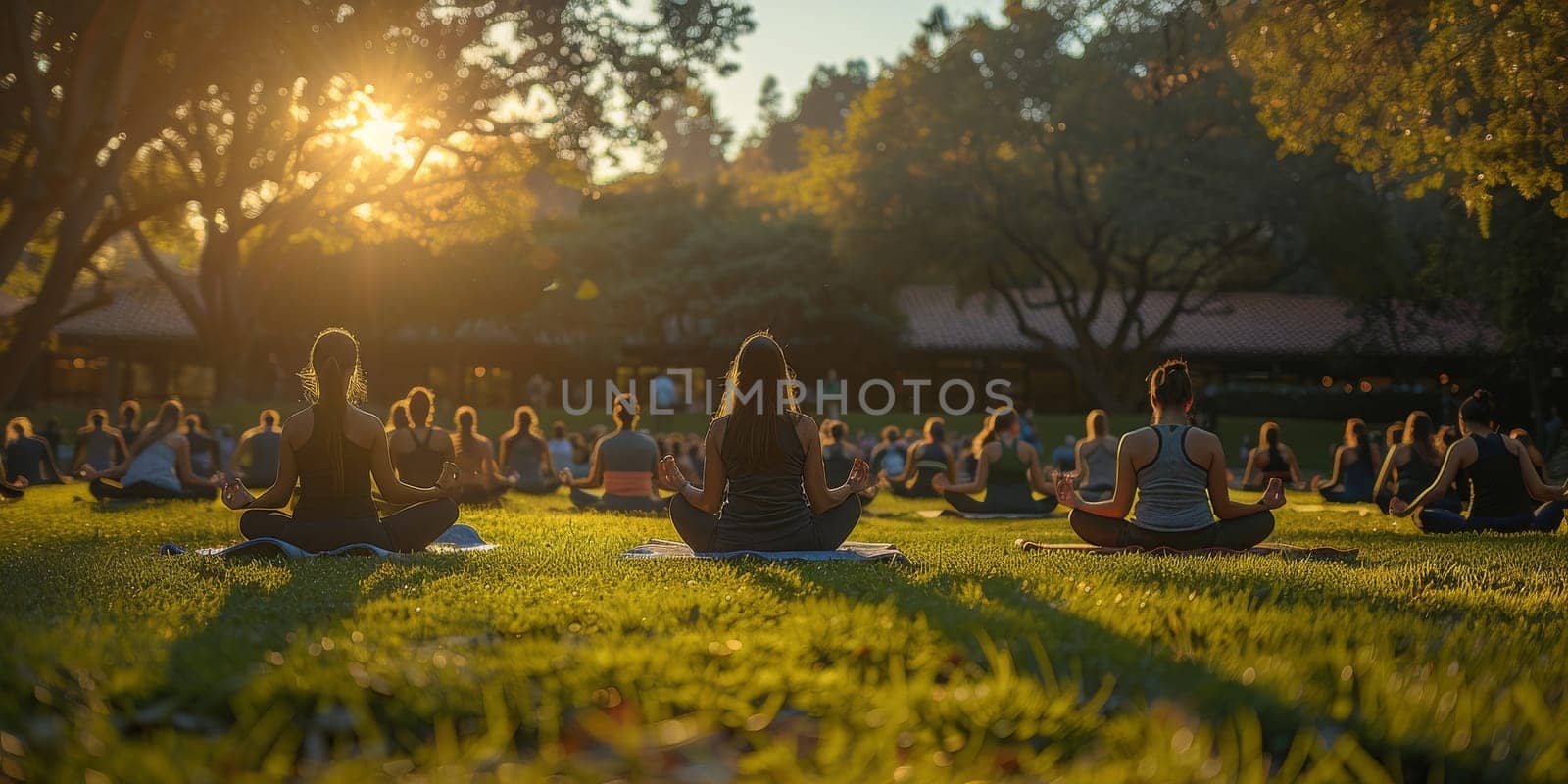 Group of adults attending a yoga class outside in park with natural background by Benzoix