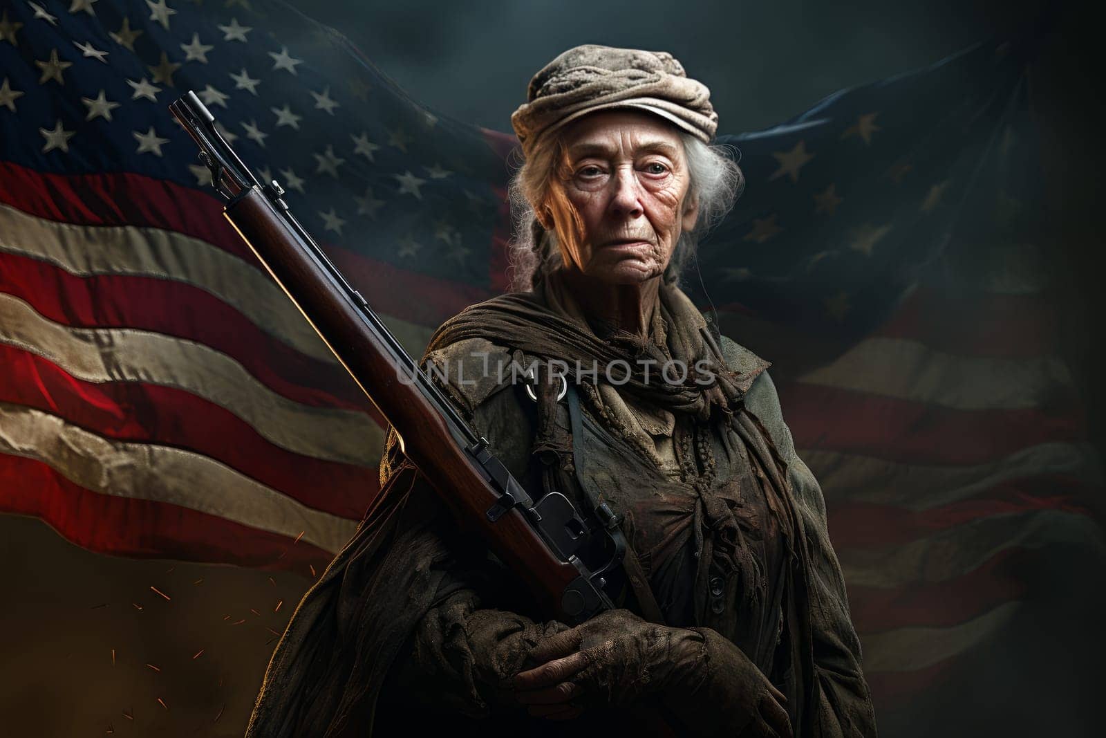 Patriotic American old woman military vintage. Patriotic portrait. Generate Ai