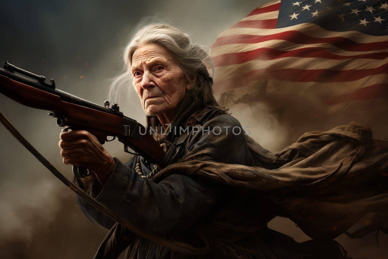 Weathered American old woman military vintage. Patriotic portrait. Generate Ai