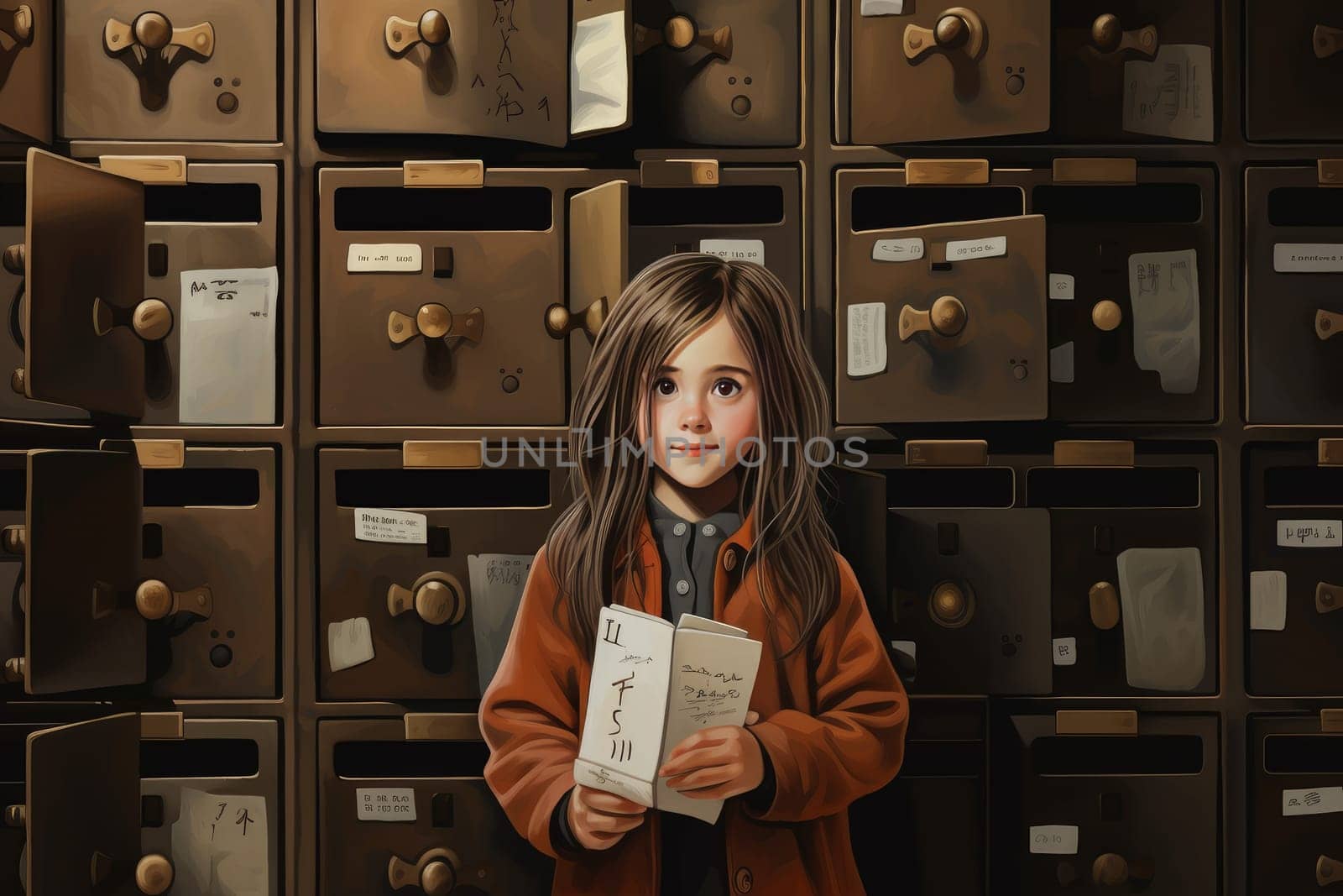Cheerful Cute small girl. Archivist filing cabinets. Generate Ai