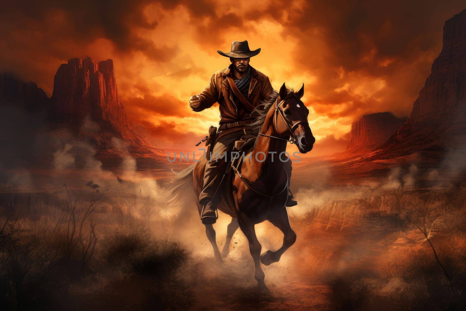 Evocative Cowboy banner portrait. Rodeo bandit. Fictional person. Generate Ai