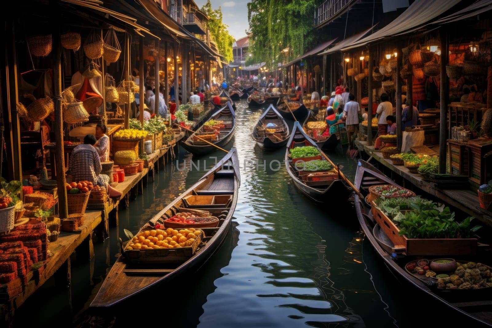 Vibrant Floating food market river. Canal river. Generate Ai