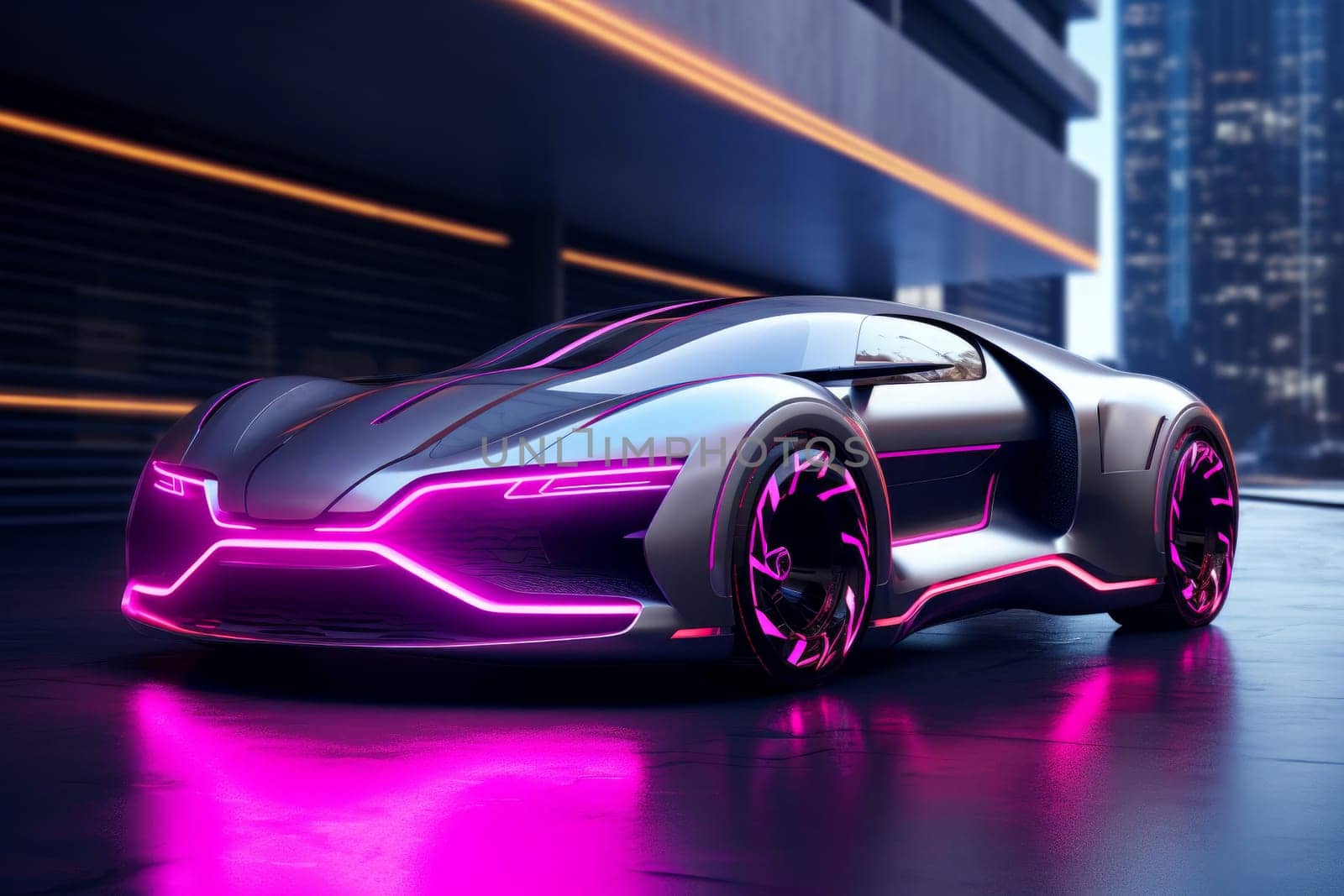 Quiet Neon electric car. Energy technology. Generate Ai