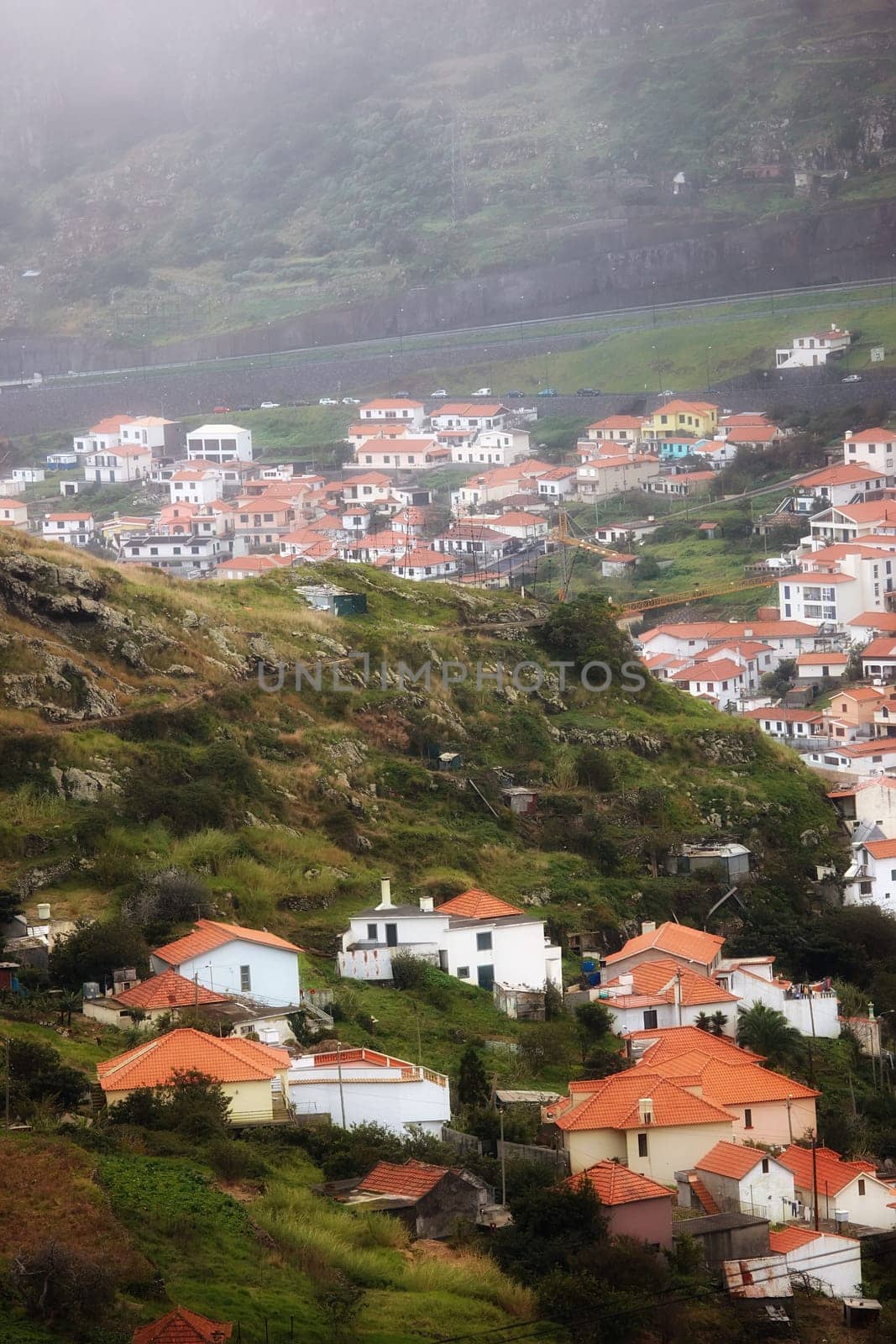 Houses, hill with village or countryside landscape, travel and adventure location with nature and buildings. Neighborhood, real estate and property with architecture for holiday in Portugal.