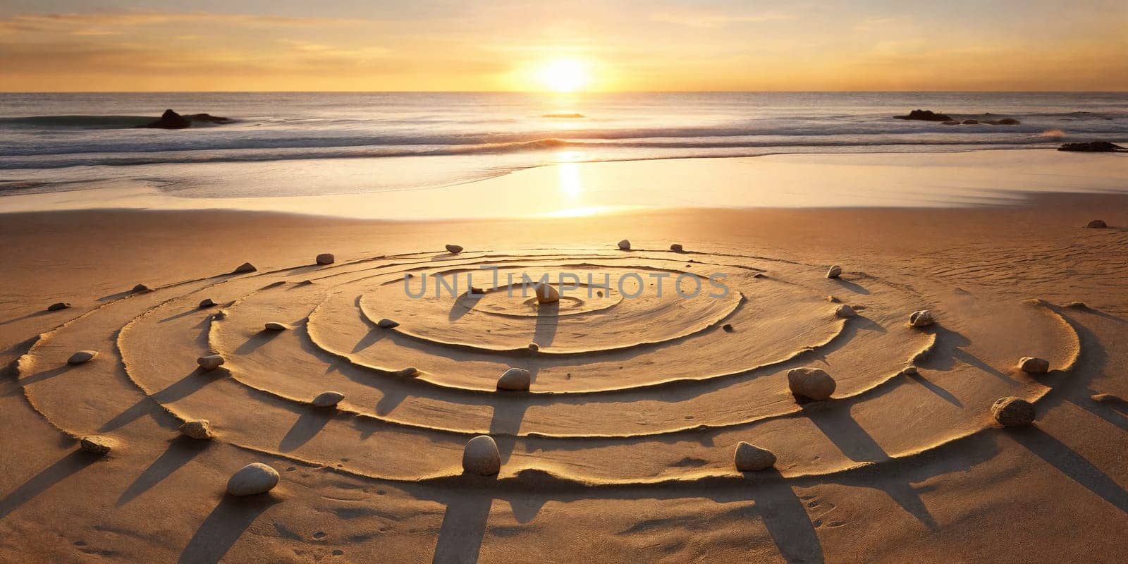 Pattern of stones on a sandy beach, illuminated by the warm colors of a sunset.