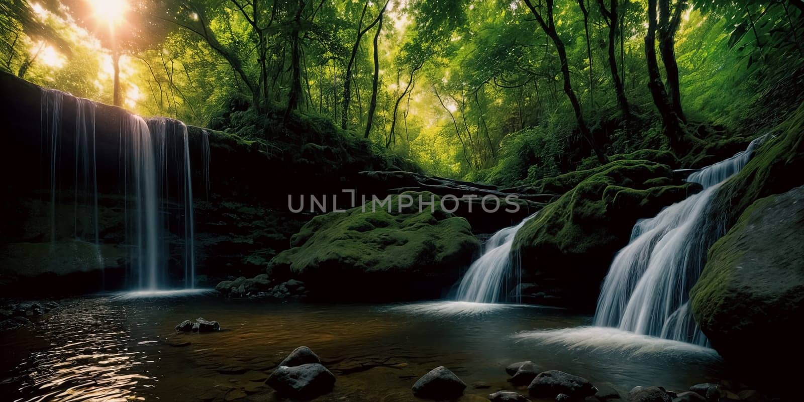 Fantasy landscape with waterfall at sunset, panorama.