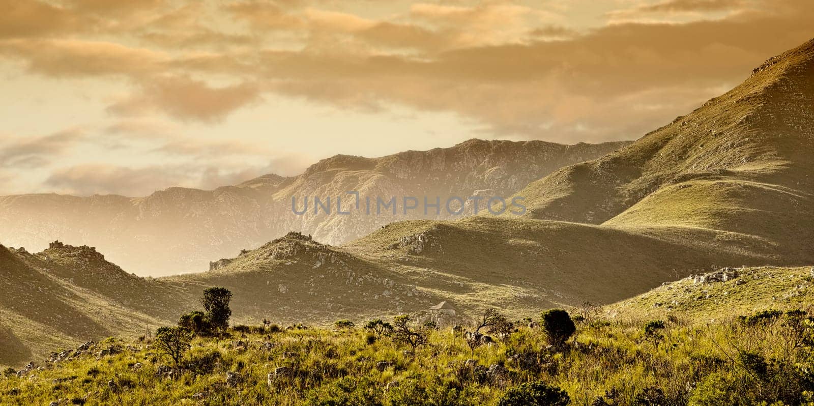 Mountain, fog and sunset with bush, cloudy sky and calm landscape for green travel location. Nature, hill and sustainable environment with earth, peace and holiday destination with rural conservation by YuriArcurs