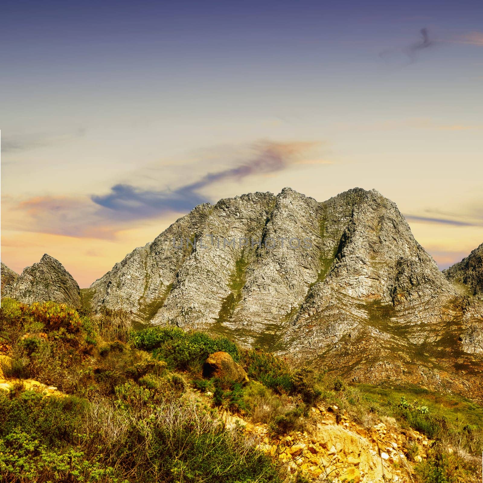 Mountains, environment and countryside with nature, clouds and stone with landscape and weekend break. Empty, rock and grass with flowers or springtime with summer and travel with adventure or growth by YuriArcurs